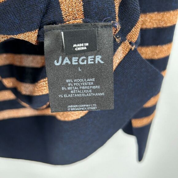 JAEGER Vintage Navy Blue Gold Metallic Striped Wool Lightweight Sweater Large - Picture 5 of 5